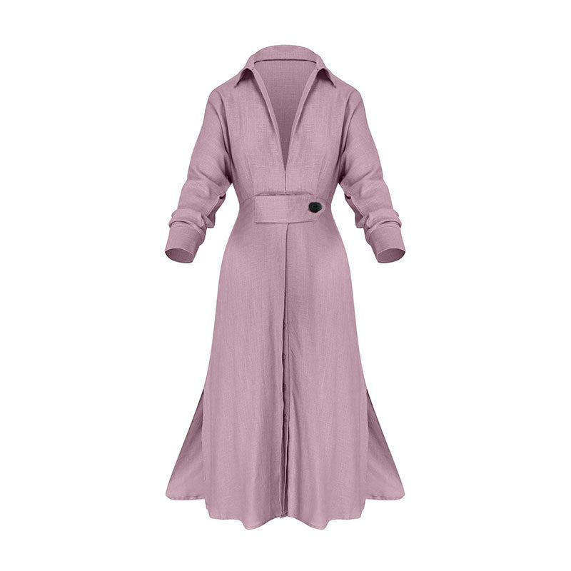 Vestido de manga larga con cintura de color liso