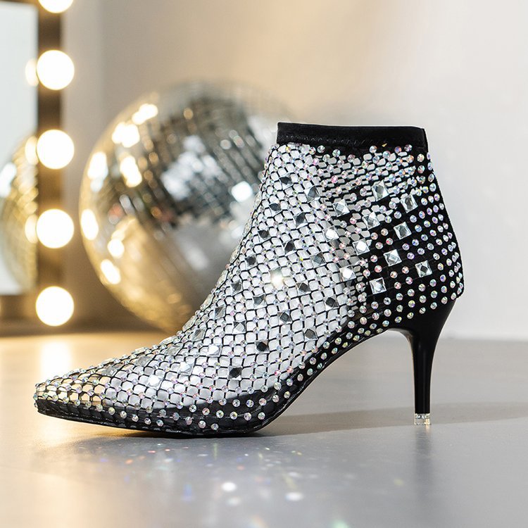 Mesh Rhinestone Glitter Punta Tacones Altos