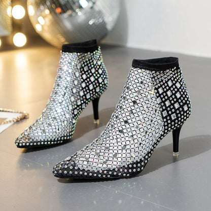 Mesh Rhinestone Glitter Punta Tacones Altos